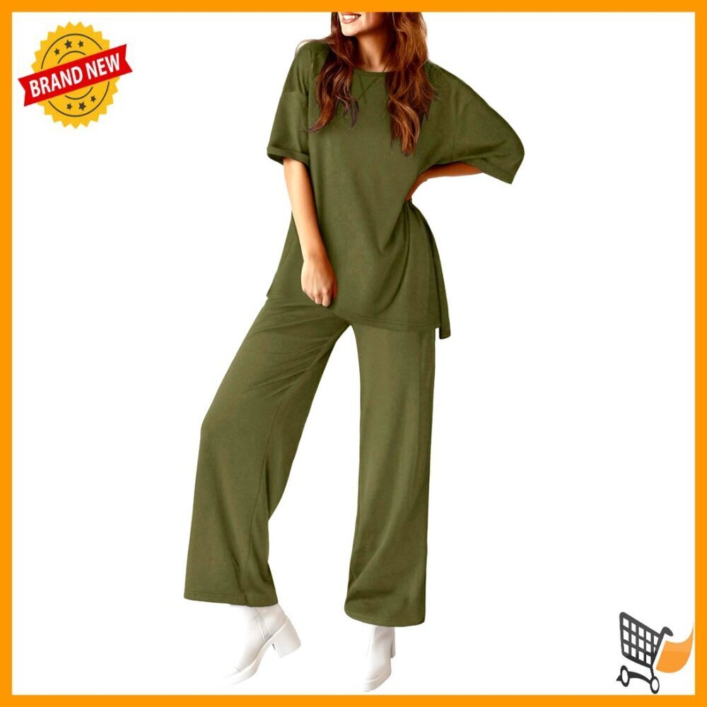 Oversized Ribbed Knit Lounge Set Two Piece Tracksuit with Pockets Slit Hem